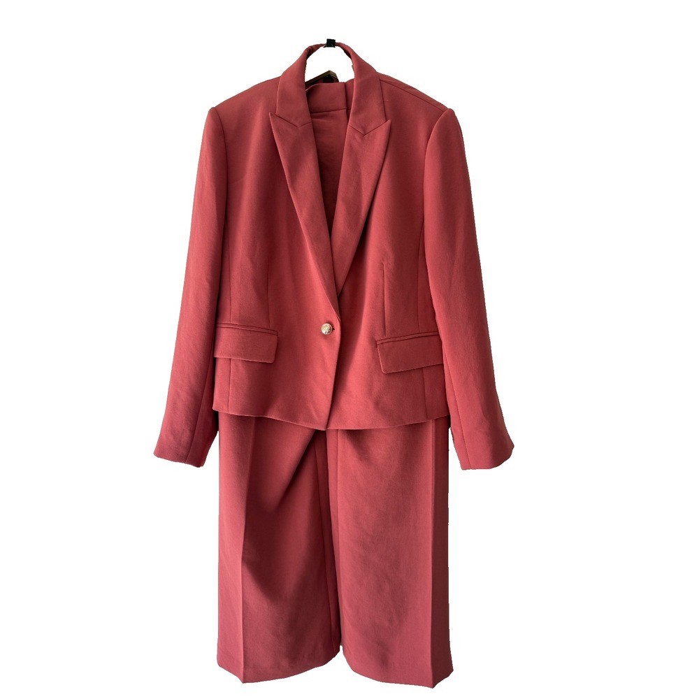 Ann Taylor Coral Pink Blazer & Wide Leg Pant Set Sz 18 Gold Button Workwear Suit